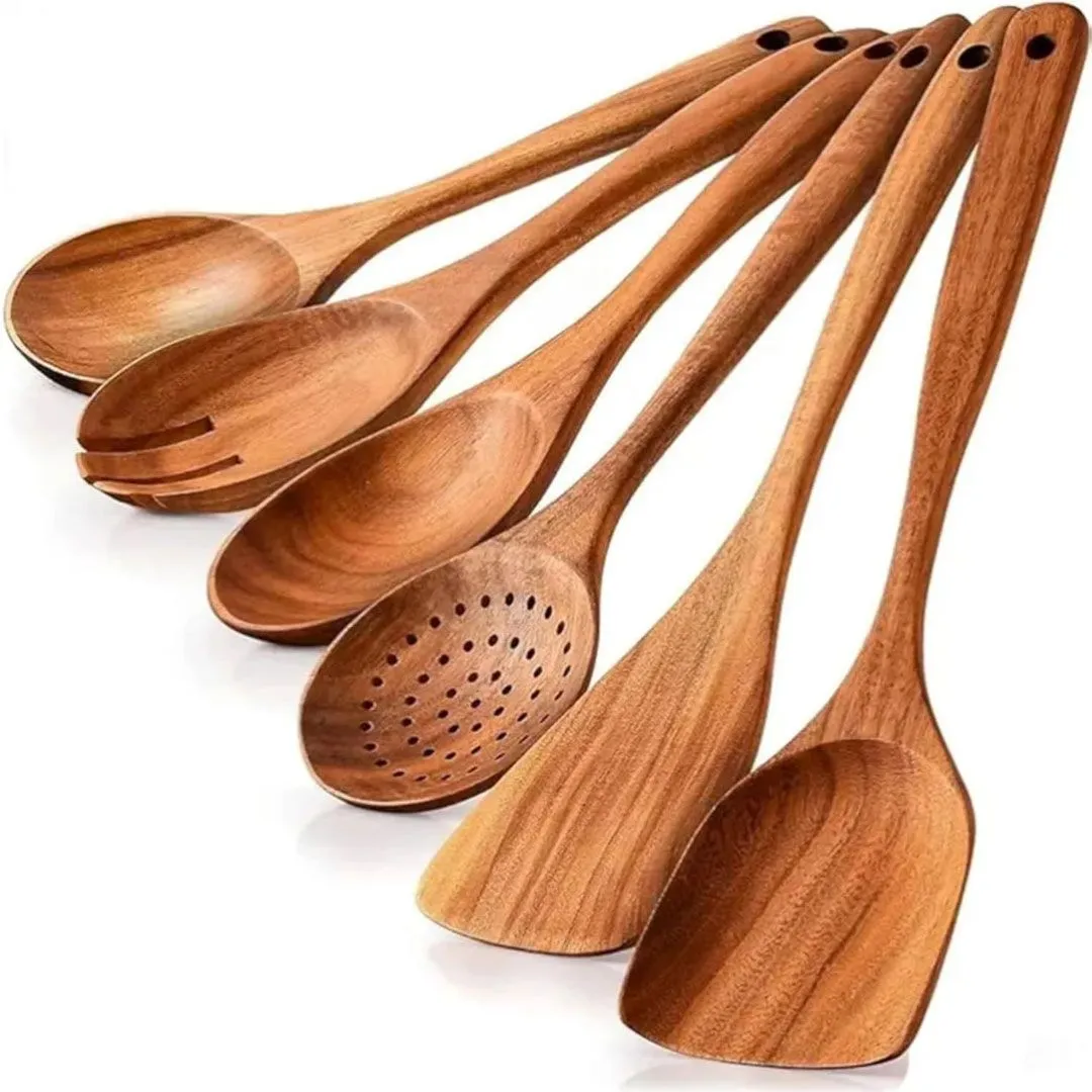 Wooden Kitchen Utensil Set of 6 Natural Wood Spoons for Cook Smooth Finish