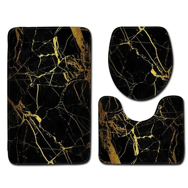 Gold pattern Marble 3 Piece Bathroom Mat set - Black