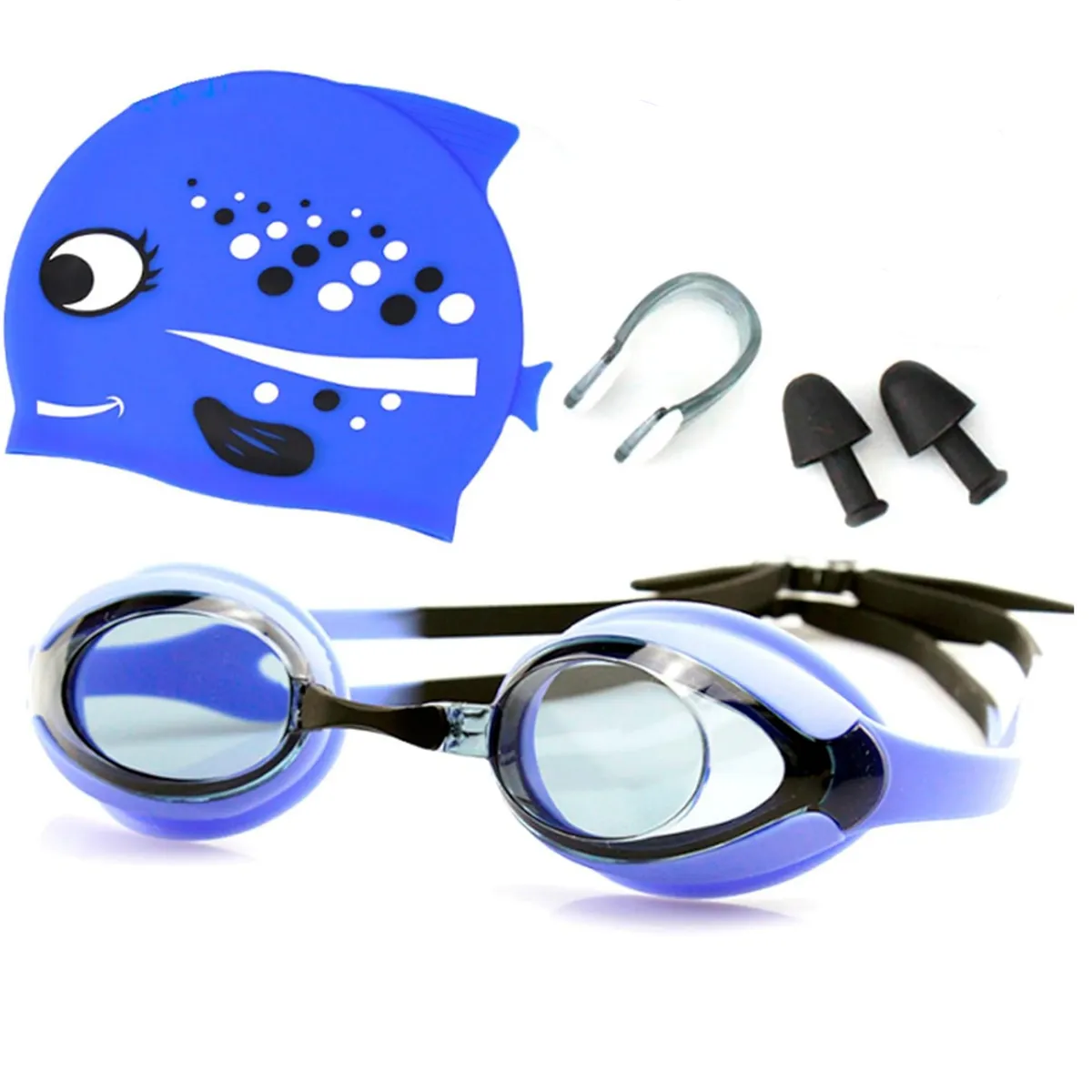 Swimming Goggles Junior with Swimming Hat Ear Plug Nose Clip Set Silicone - Blue