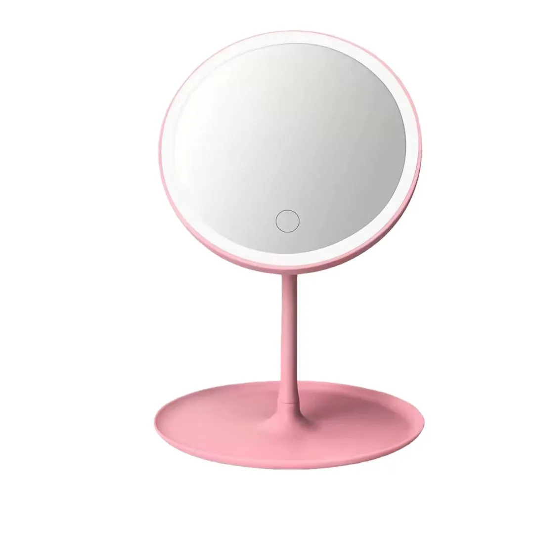 LED Desktop Vanity Makeup Mirror With Stand 3-Color Dimmable Lighting - Pink