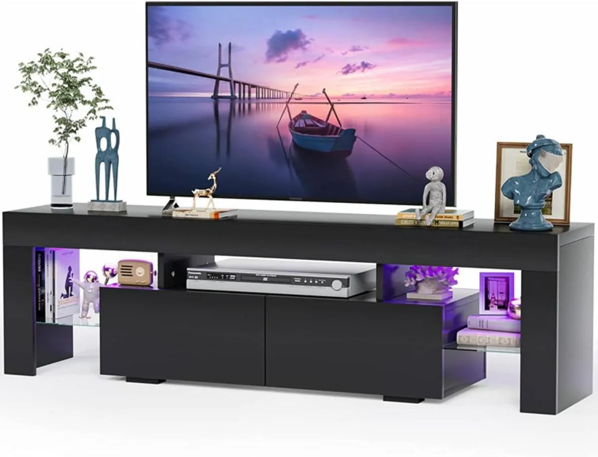 TV Stand Media Console Floor Standing TV Shelf with LED Light - Black
