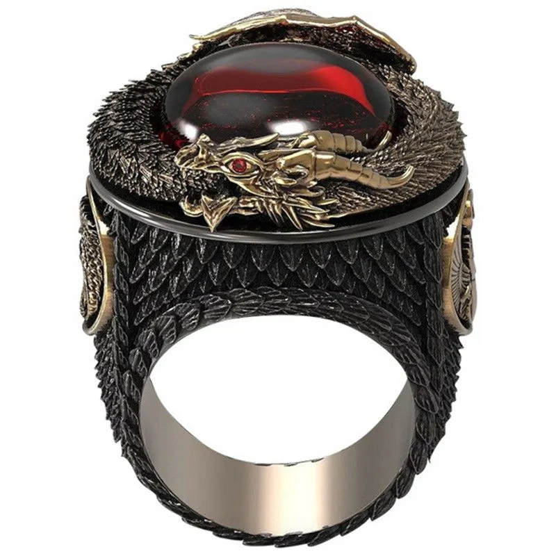 Vintage Dominant Carved Dragon Ring with Gemstone Inlay