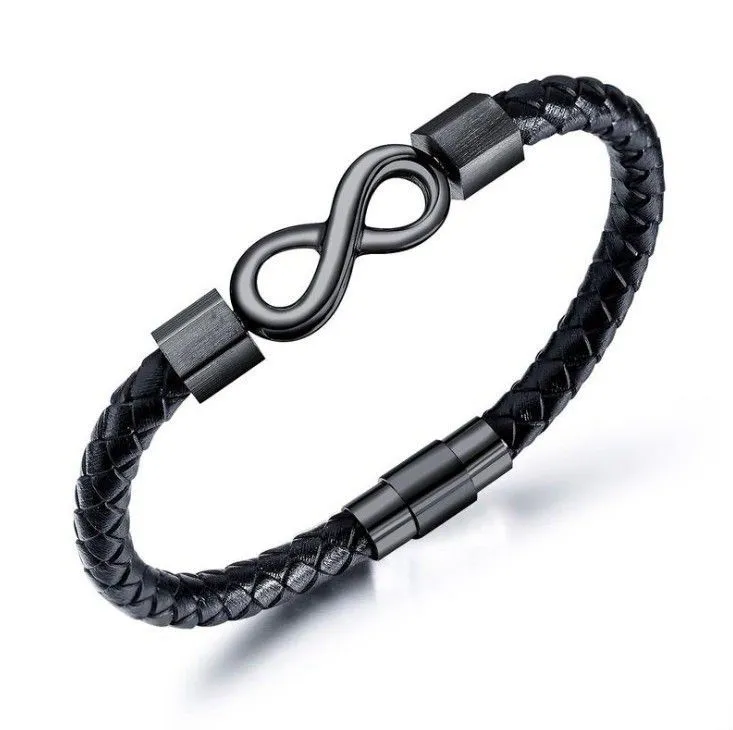 Men's Black & Silver Leather Bracelet, Simple Fashion Adjustable Wristband