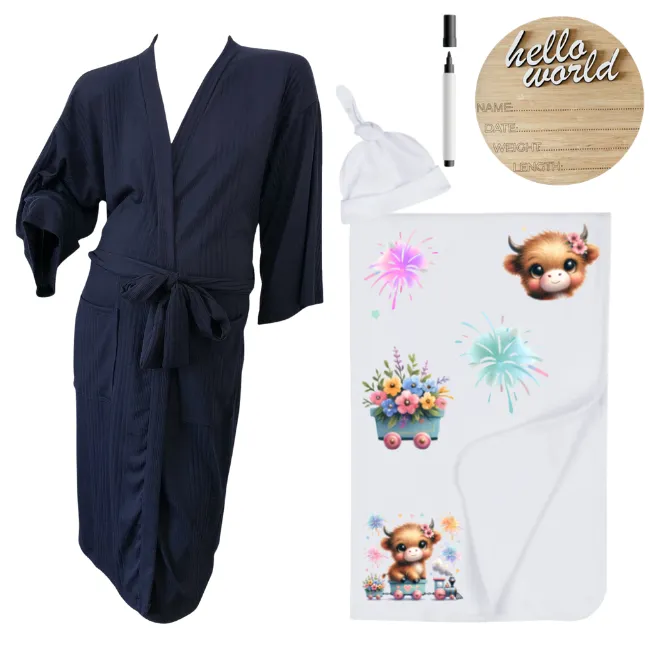 Hospital Set-Mom&Me-Navy Summer Gown, Swaddle Birth Ann-HIGHLAND COW GIRL