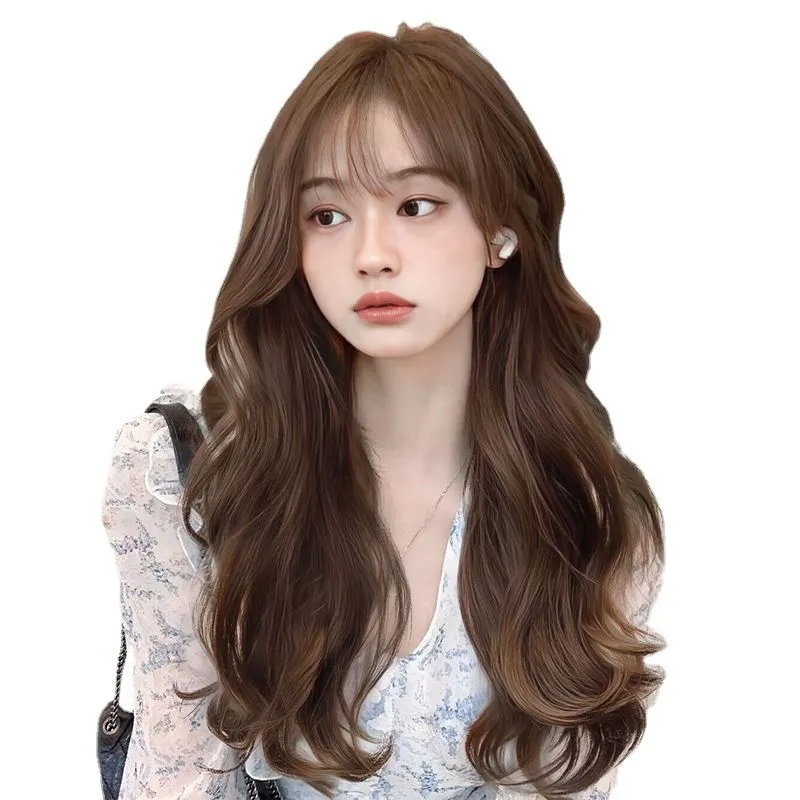 Beautiful Long Wavy Wig, Fashion Wig for Women with Air Bangs- Brown
