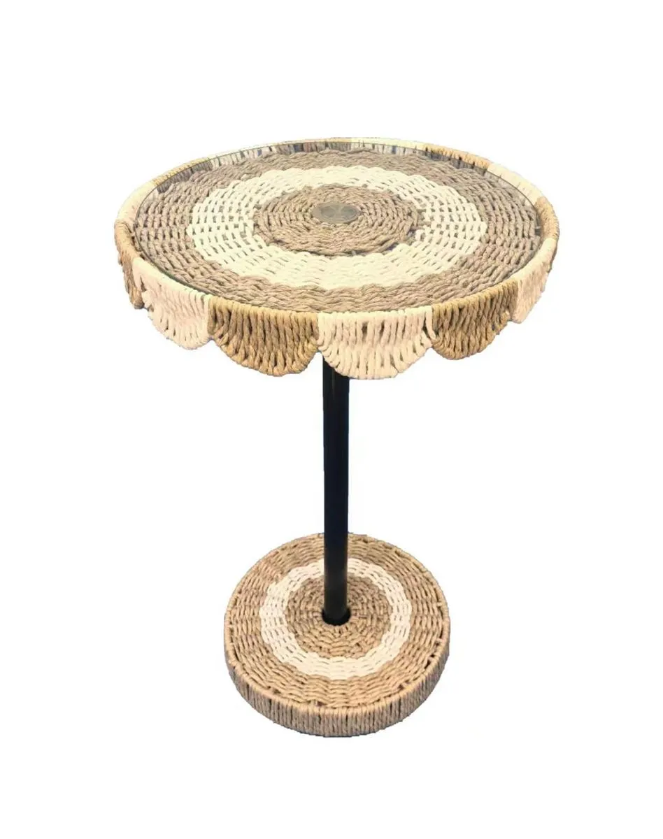 Beloving-Round Woven Glass-Top Side Table, Boho Accent Table coffee table