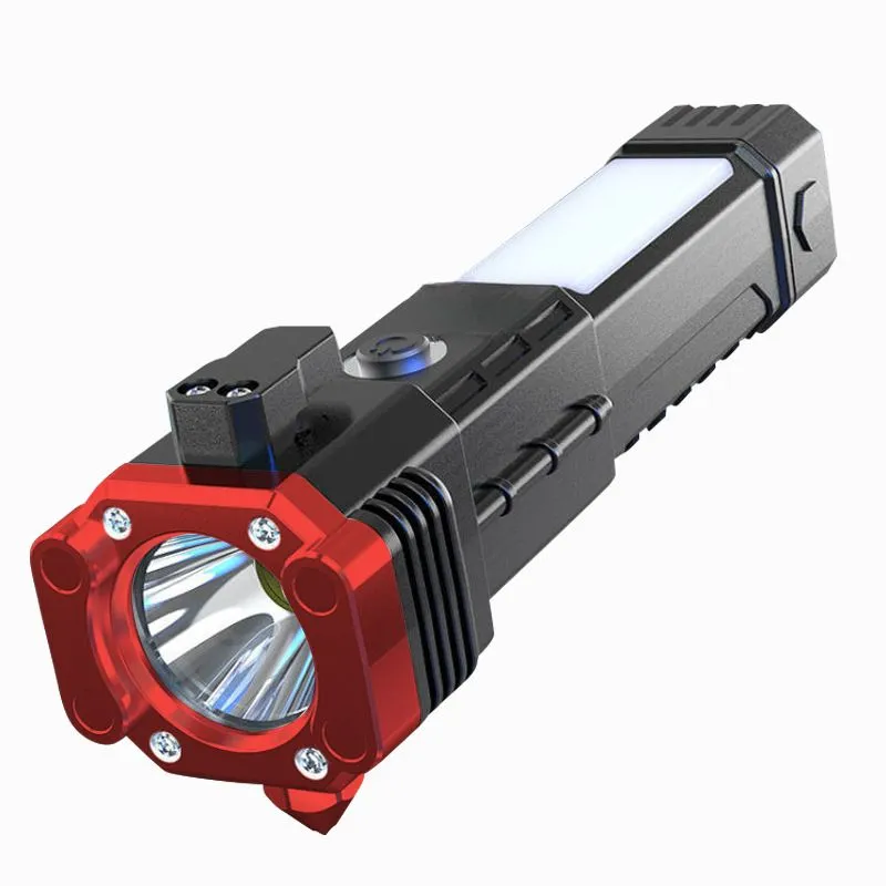 4-in-1 Car Emergency Hammer with LED Work Light and Power Bank Function - Red
