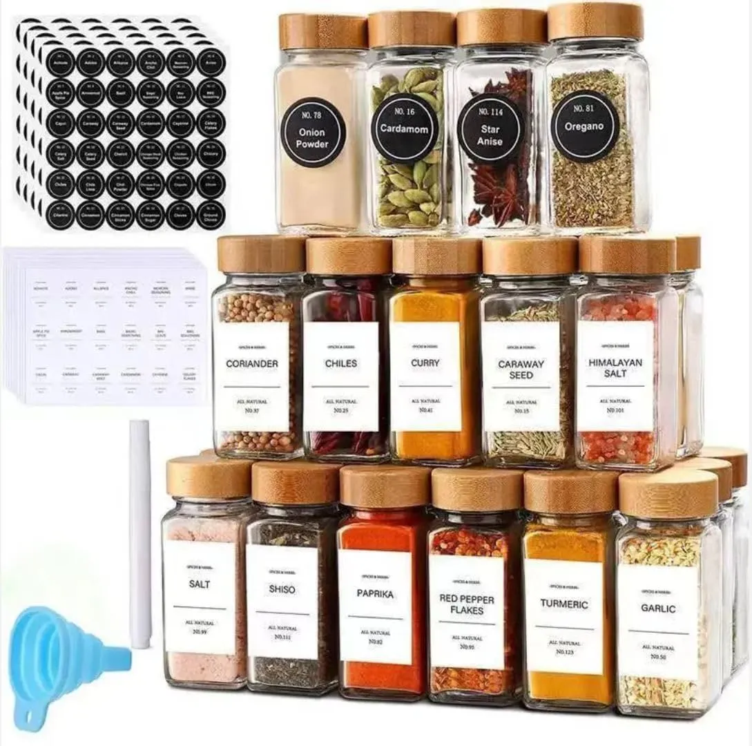 Square Spice Container Set - 24 Refillable Seasoning Jars with Caps