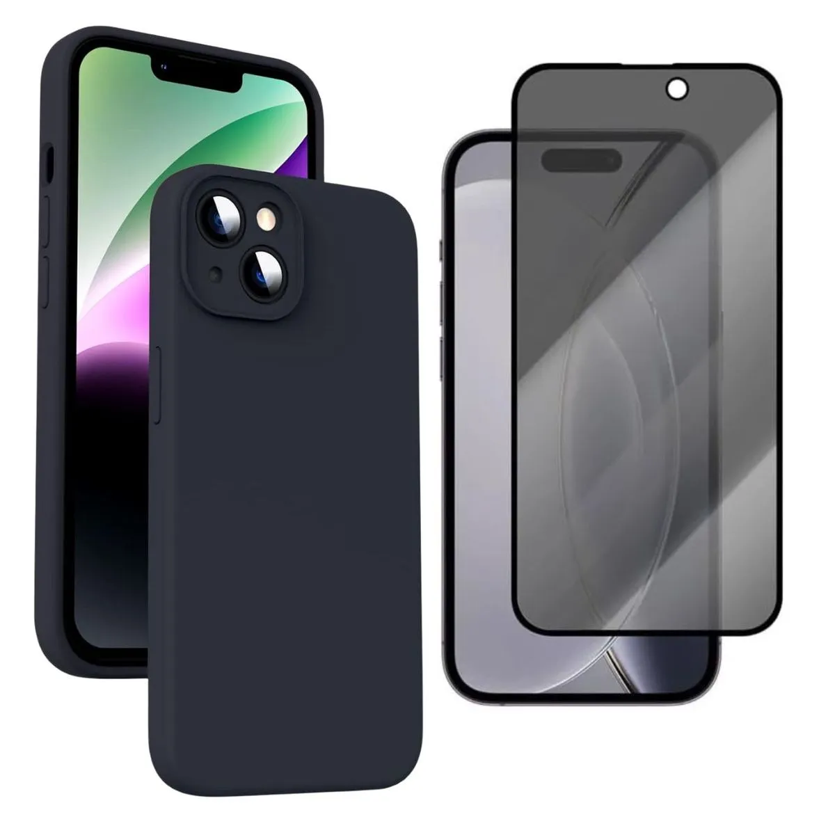 Silicone Cover + Privacy Glass Compatible With i Phone 15 - 2 in 1 Deal - Classic Black