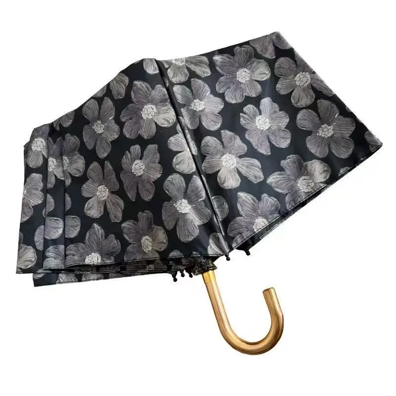 Vintage Ink Floral Long-Handle Umbrella | Black & Grey Floral Rain & Sun