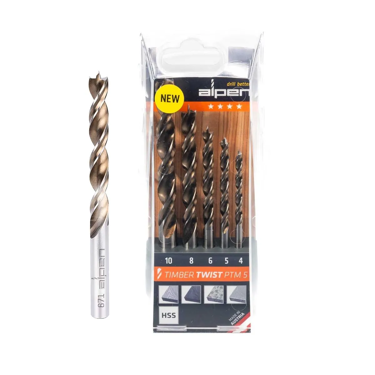 Alpen Timber Twist Drill Bit Set Ptm5-5 4, 5, 6, 8, 10.0Mm