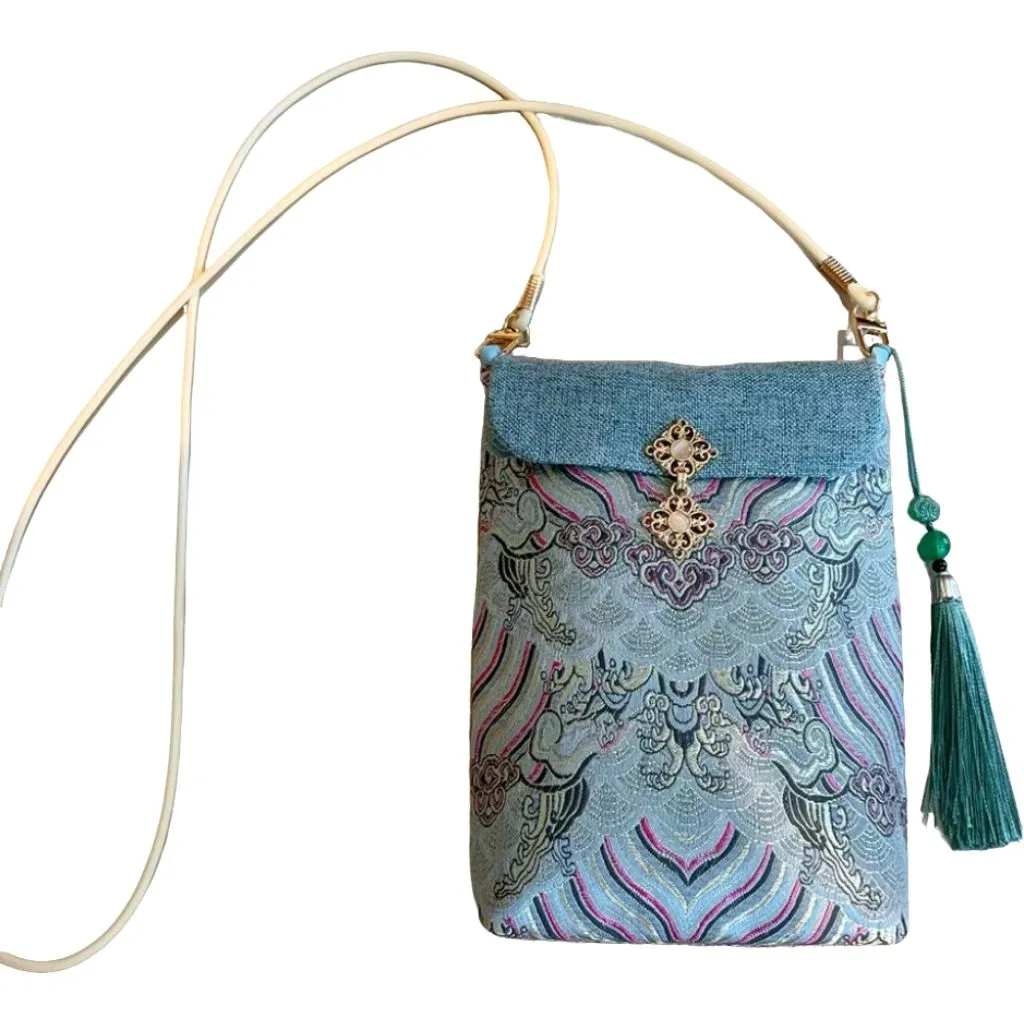 Blue Wave Pattern New Chinese Style Brocade Embroidered Mobile Phone Bag