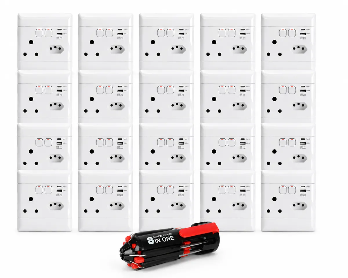 Gorah 20 x 16A Wall Plugs USB & Type-C Ports + 8-in-1 Pocket Screwdriver