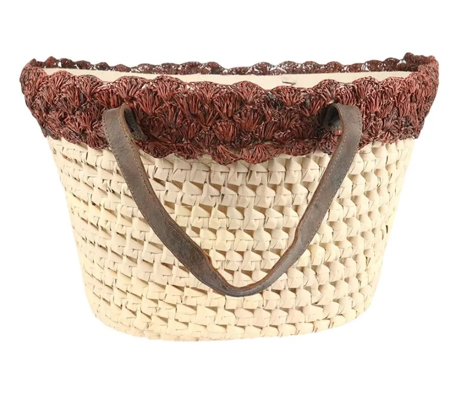 Handwoven Palm Basket with Leather Handles.