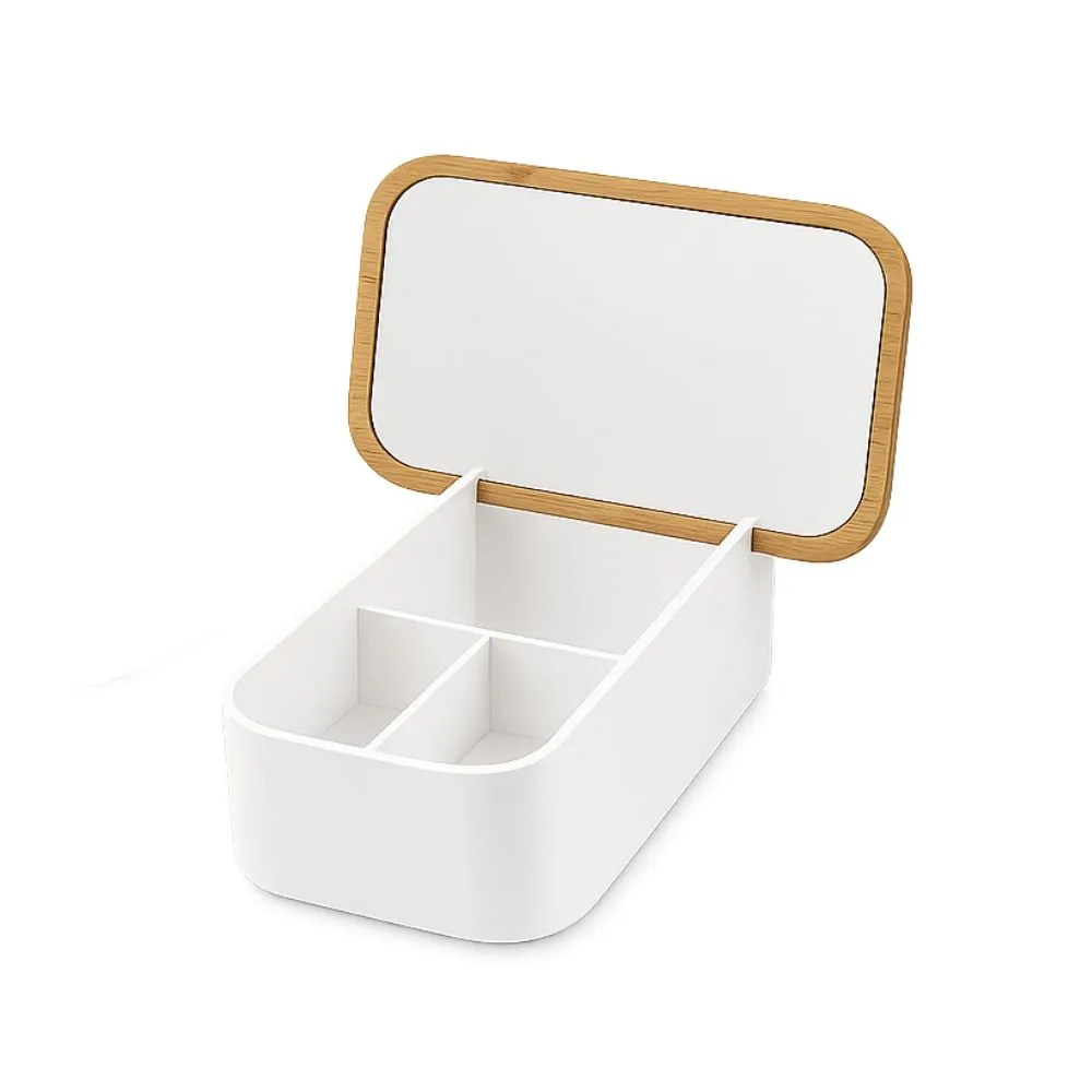 Make Up Organiser, Bamboo Lid & Mirror, Bathroom Storage - Rectangle