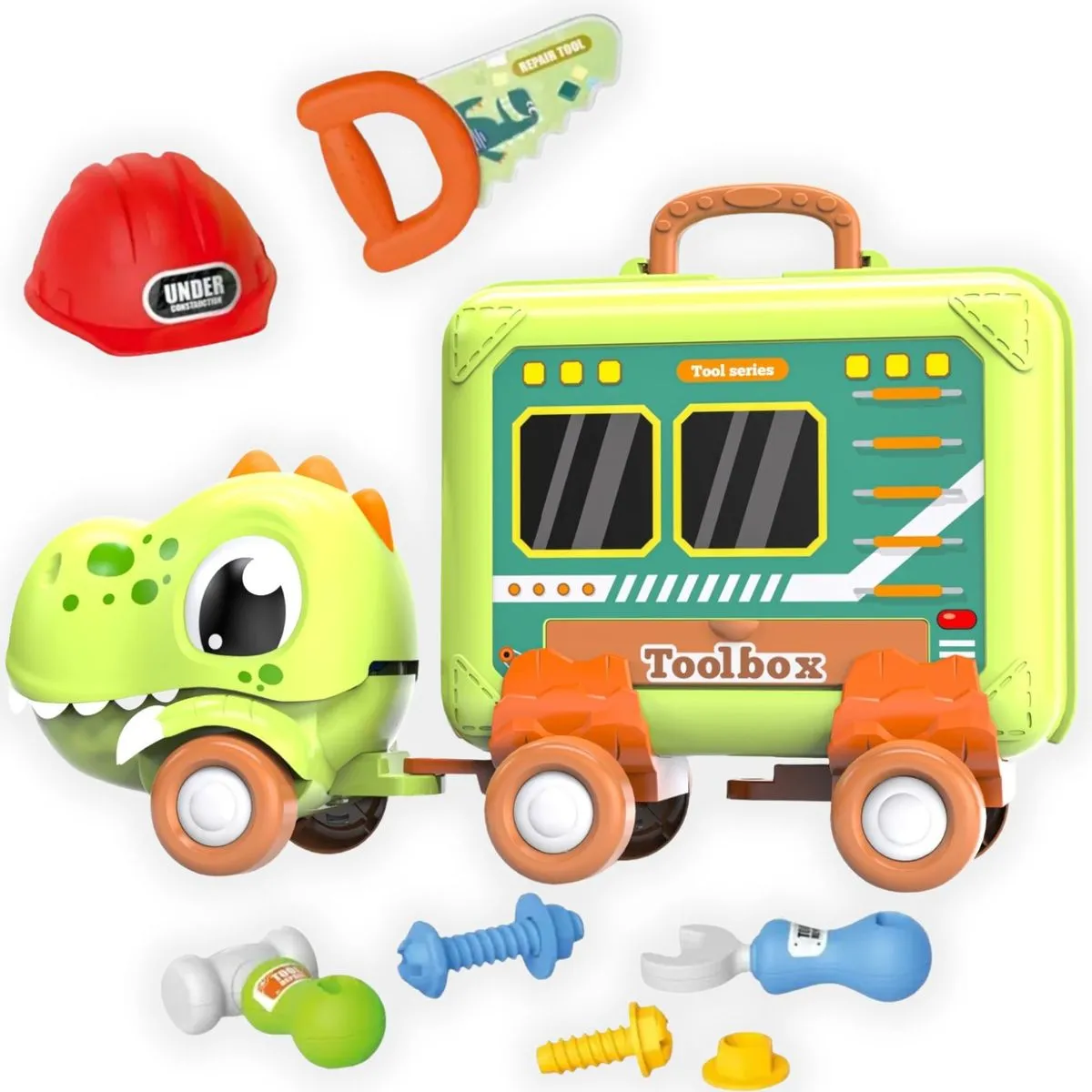 Builder Express Kids Construction Tool Set with Rolling Dinosaur Toolbox
