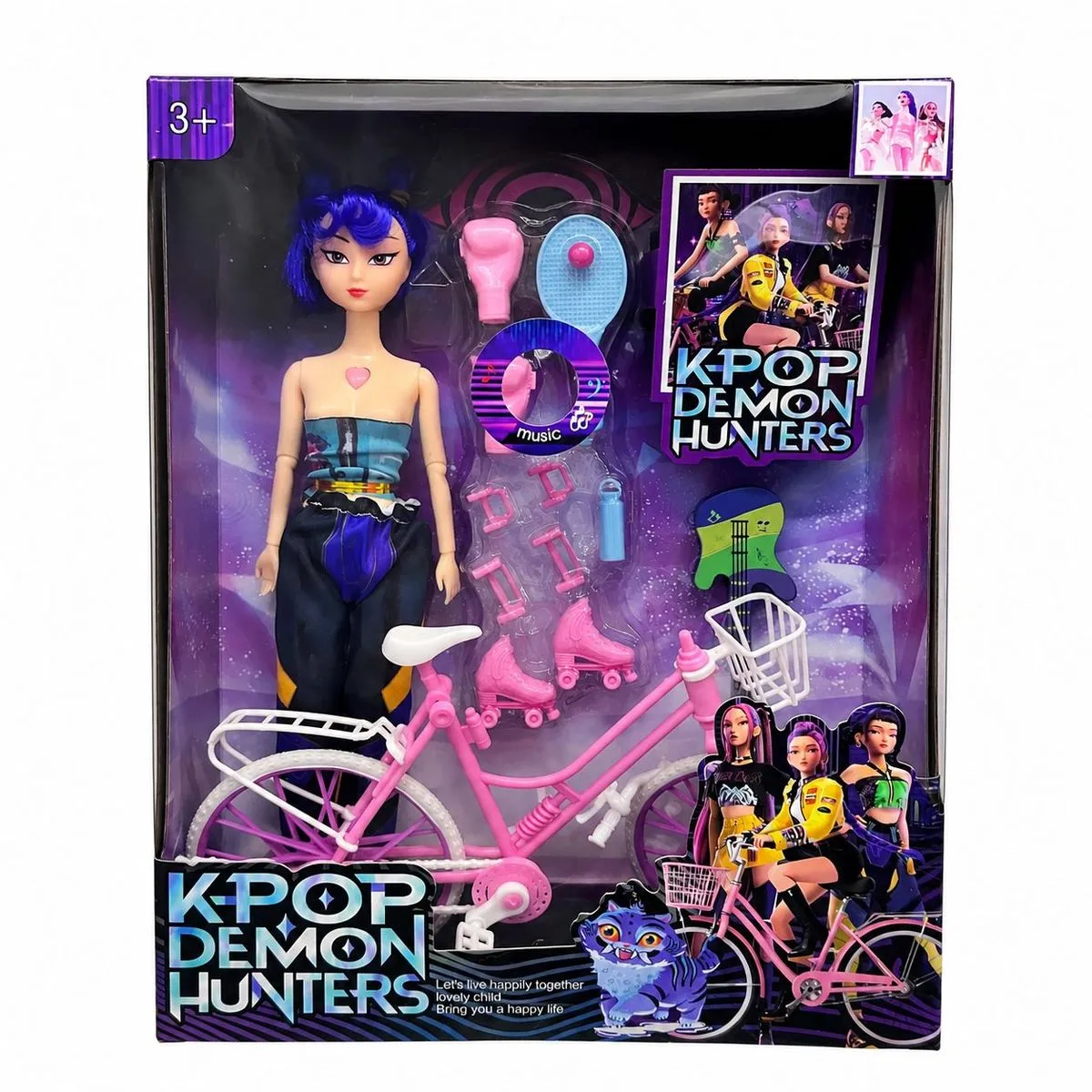 K-POP Demon Hunters Fashion Doll Set with Accessories & Pink Bicycle Play