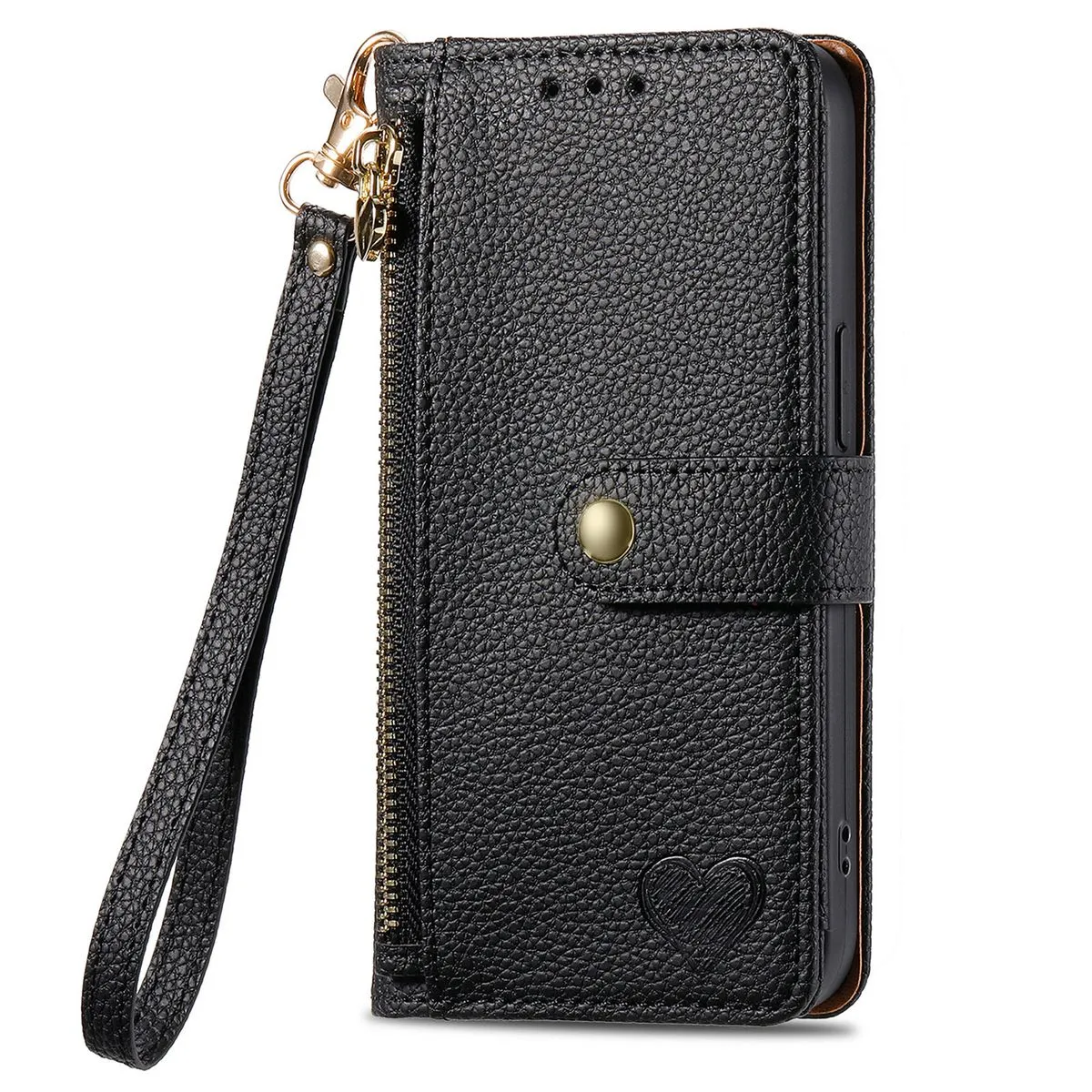 RFID Zip Leather Wallet Case Compatible With iPhone 14 Plus Cover - Black