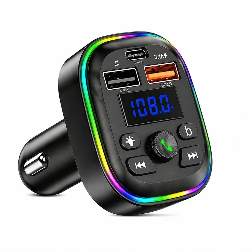 Car Wireless FM Transmitter By Dual USB Ports, LED Ambient Light, Quick