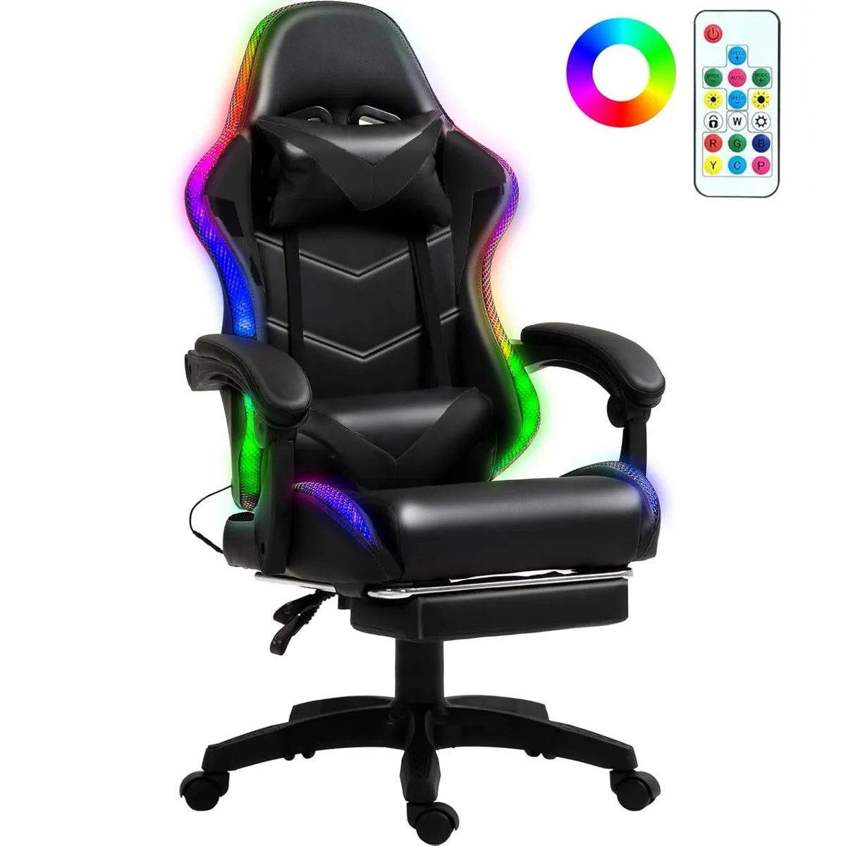 Gaming Chair LED Lights Adjustable Recliner Computer Chair with Footrest - Black