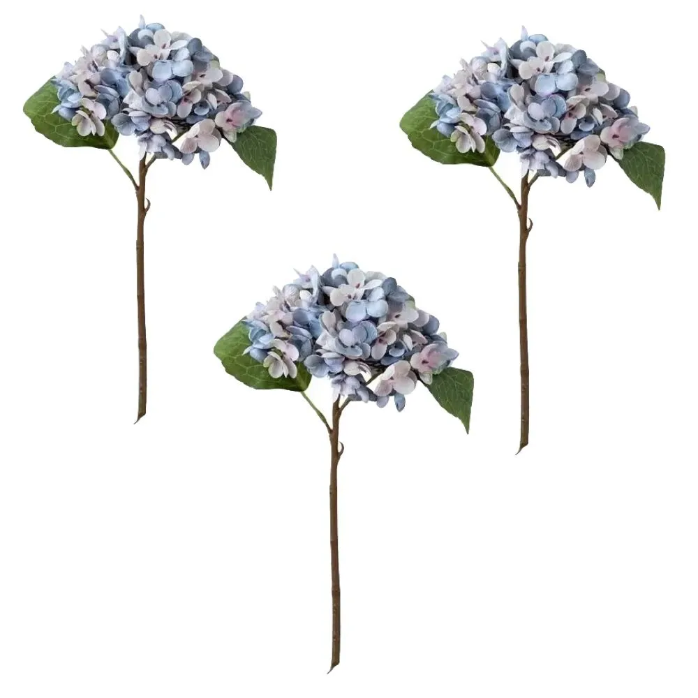 Decor Artificial Single Head Ball Hydrangea Flowers Set Of 3- 35cm - Blue