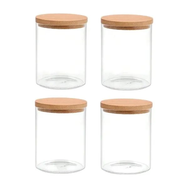4 Piece - Bathroom Essentials Holder With Bamboo Lid - Transparent