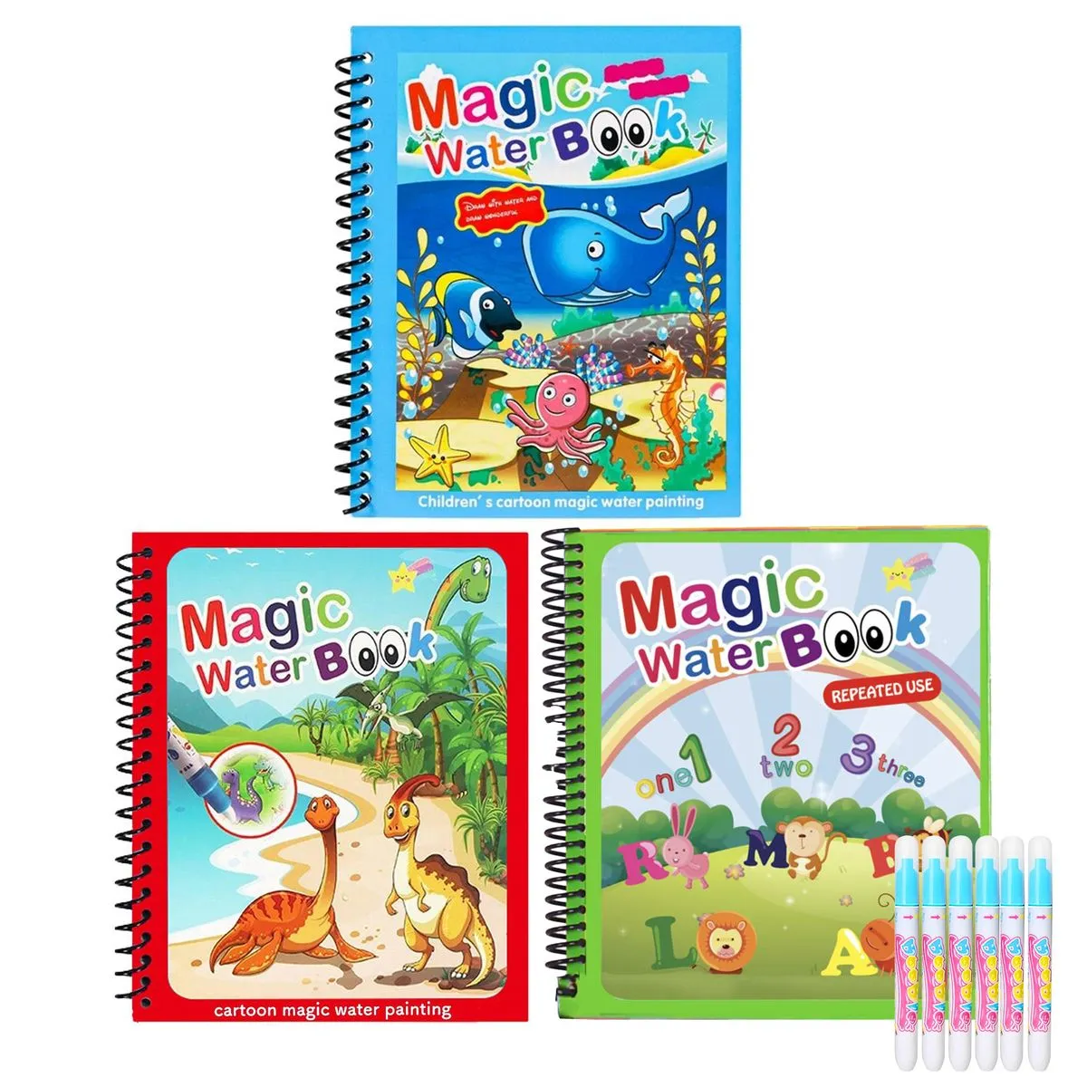 3 PCs Educational Learning Reusable Magic Water Coloring Books With 6 Pens