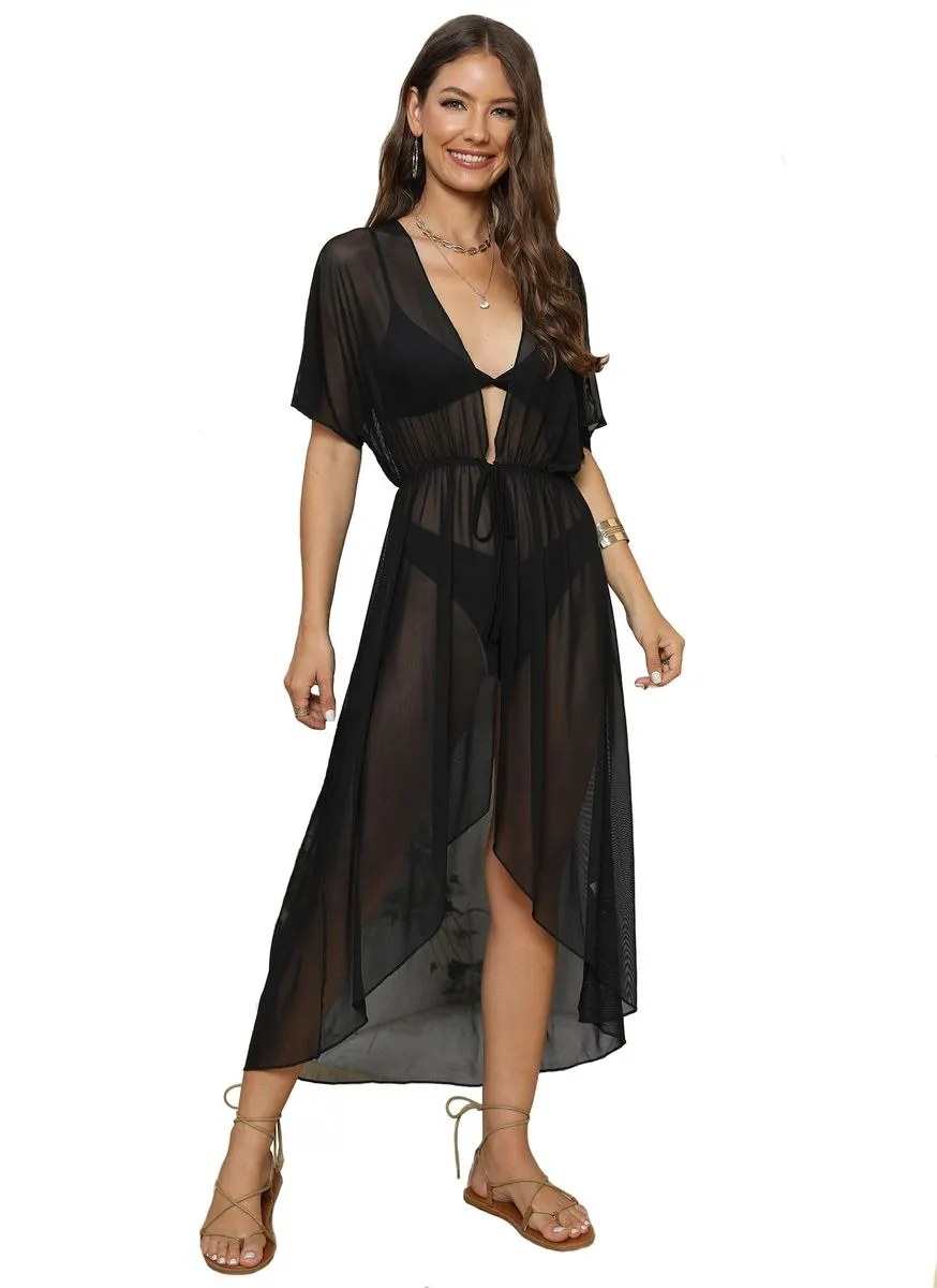 Women Long Swimwear Coverup Sheer Open front Kimono Cardigan Beachwear