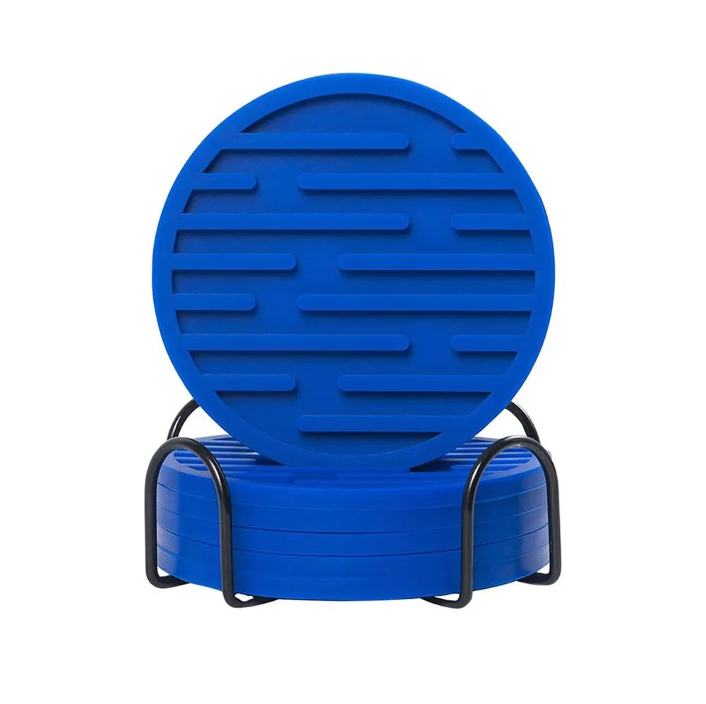 Cup Coasters Silicone Drink Coaster Set of 6 with Holder for Bar - Blue