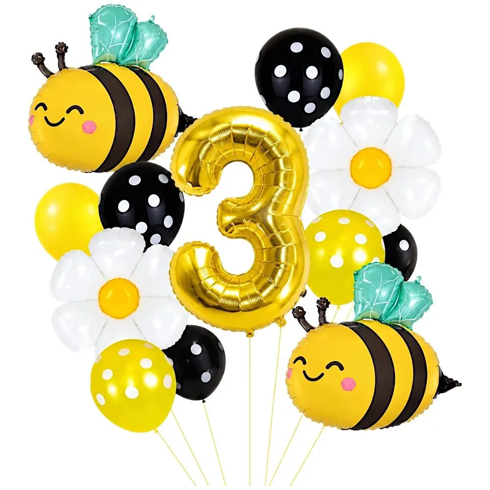 13 Piece Bumble Bee First Birthday Balloon Decoration Set - Number 3