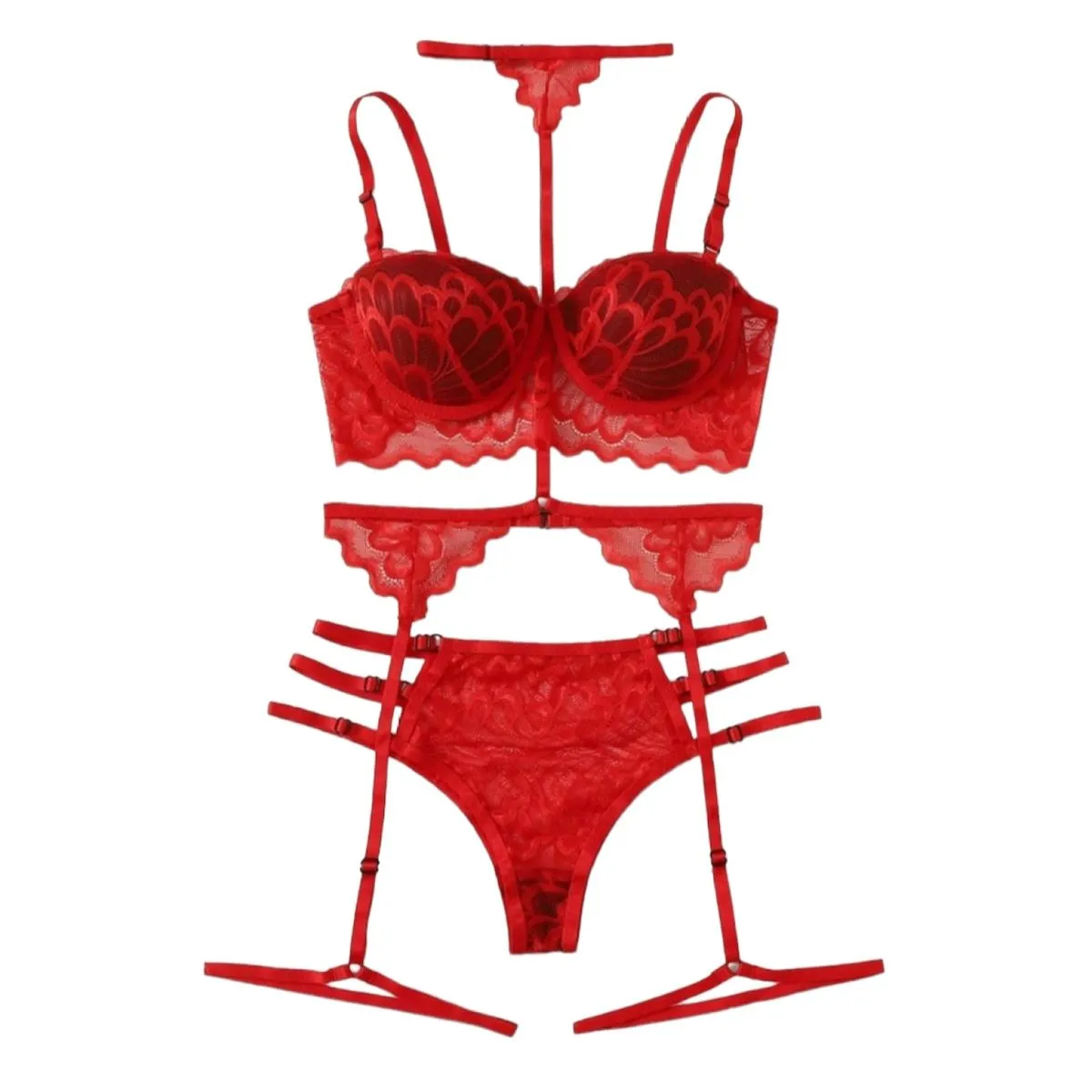Sinful Indulgence 3 Piece Scallop Lace Push-Up Garter Lingerie Set - Red