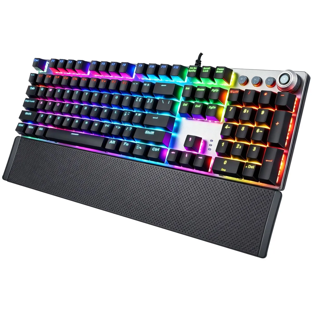 Wired Mechanical Gaming Keyboard Rainbow Backlit Wrist Rest Aluminum Base