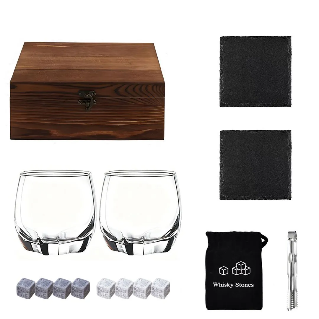 14pcs Whiskey Glasses & Stones Gift Set Wooden Box for Men Dad Husband