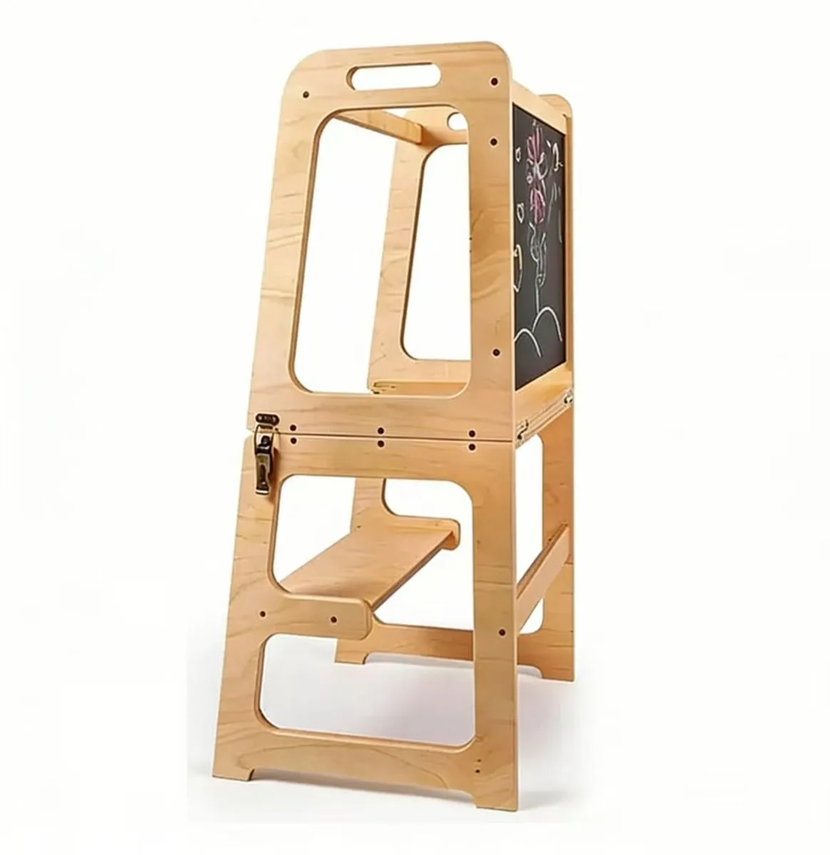 Wooden Kids Kitchen Stool with Blackboard and Tray Toddler Gift - Brown
