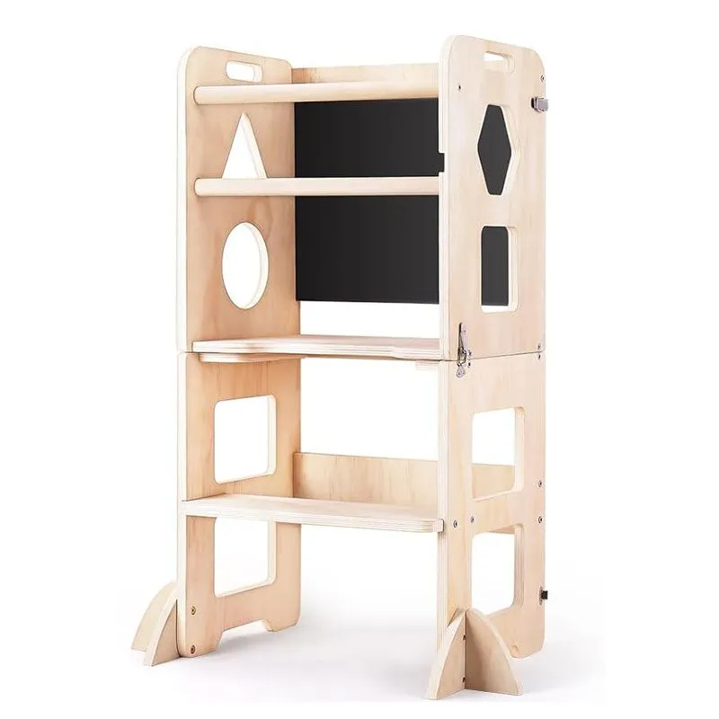 3-in-1 Wooden Learning Tower with Chalkboard, Adjustable Toddler Step Stool