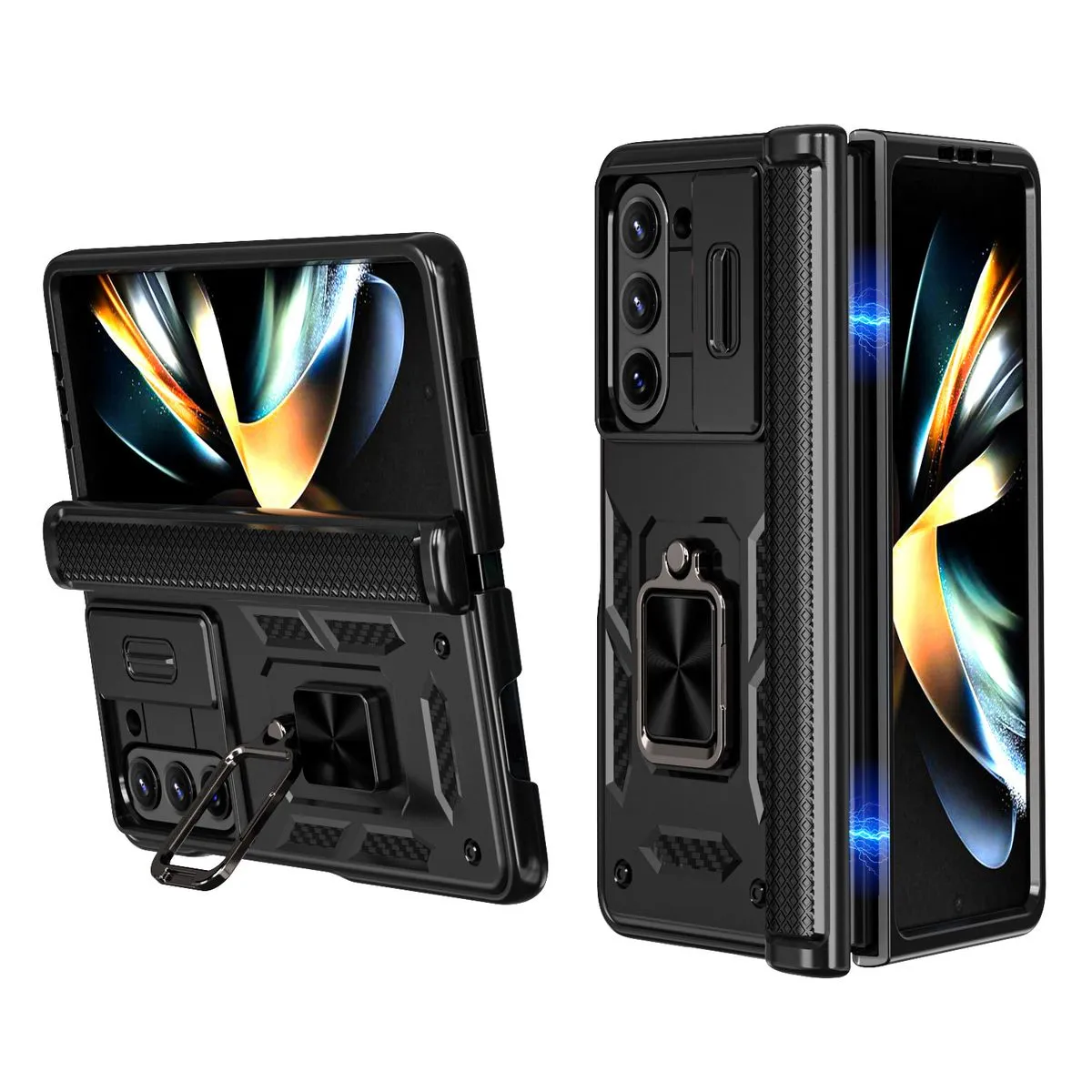 Phone Case Compatible With Samsung Z Fold 7 Window Pushing Ring Case - Black