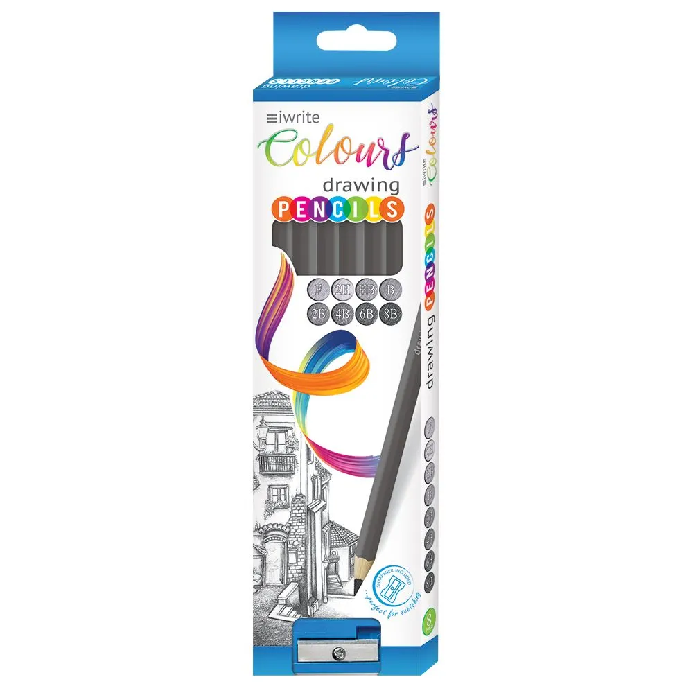 iWrite Colours Drawing & Scetching Pencils - Set of 8 Grades with Sharpener
