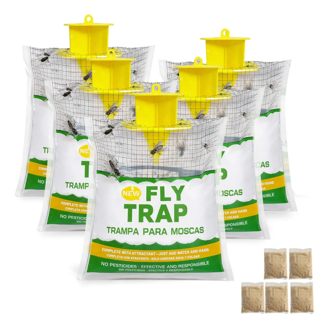 Hanging Disposable Fly Trap with 50g Attractant - 5 Piece