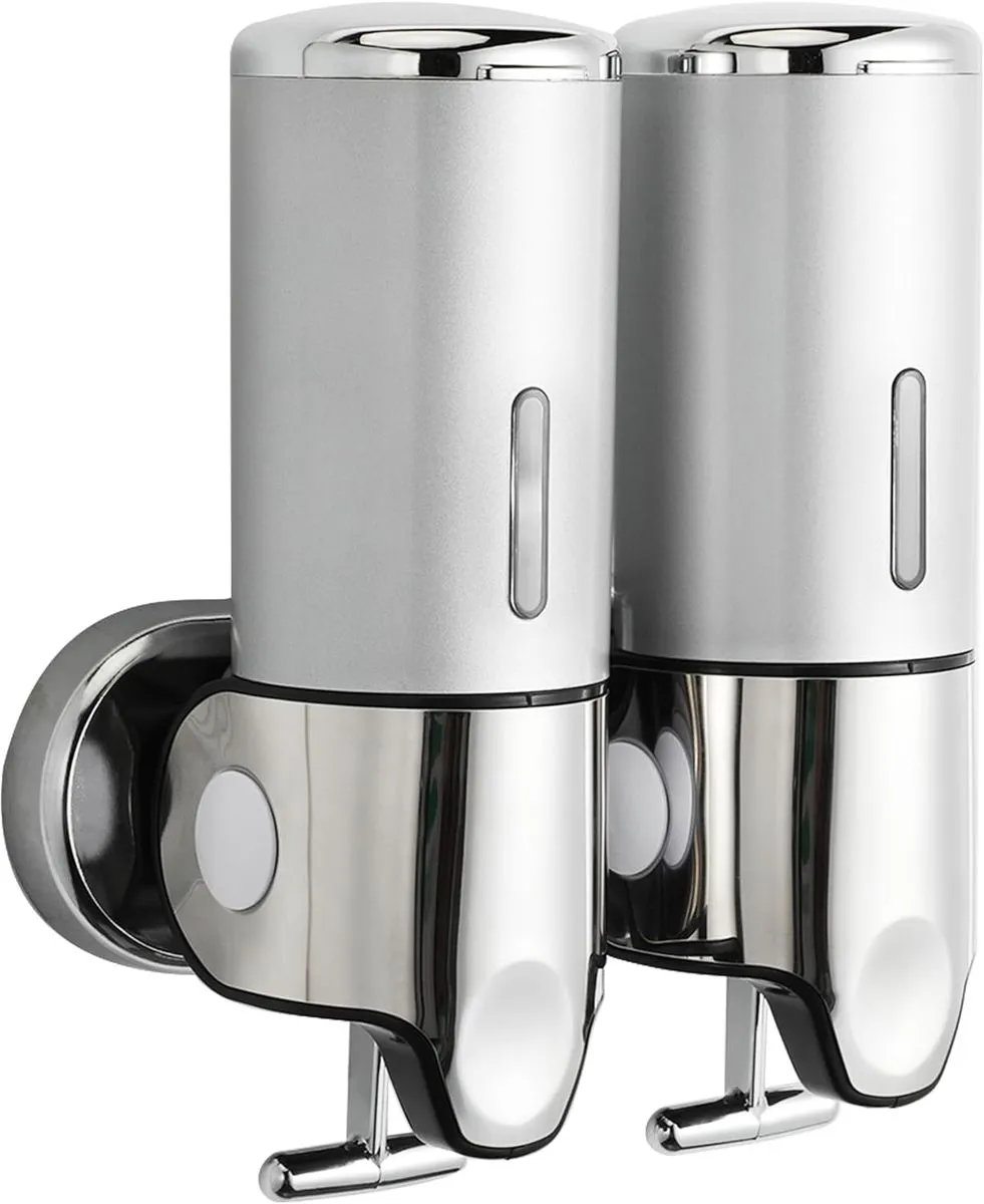 Wall Mounted Bathroom Shower Pump Dispenser and Organizer 2 in 1 Chamber - Silver