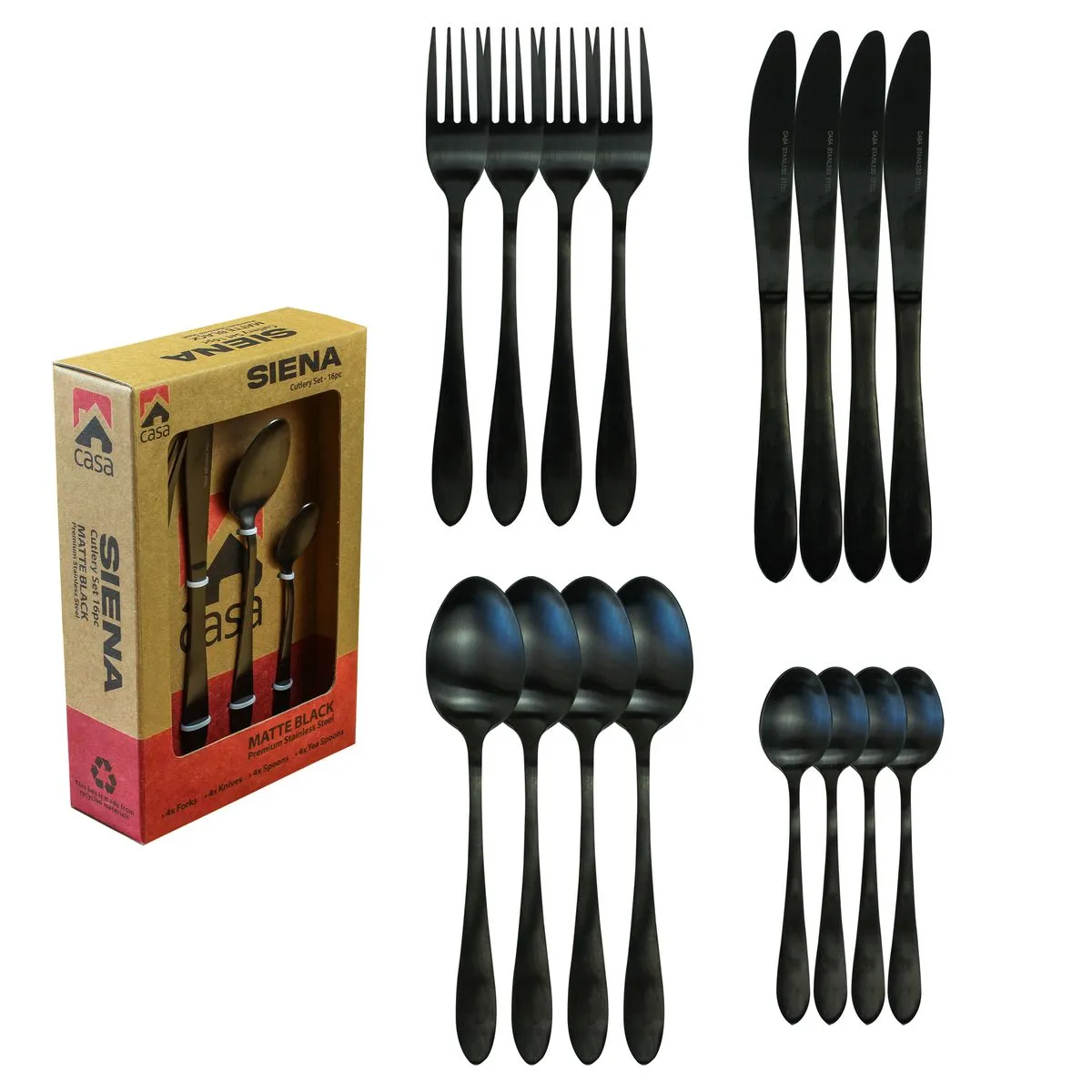 CASA Siena CASA Siena Cutlery Set,16Pc, Matt Gold - Matte Black