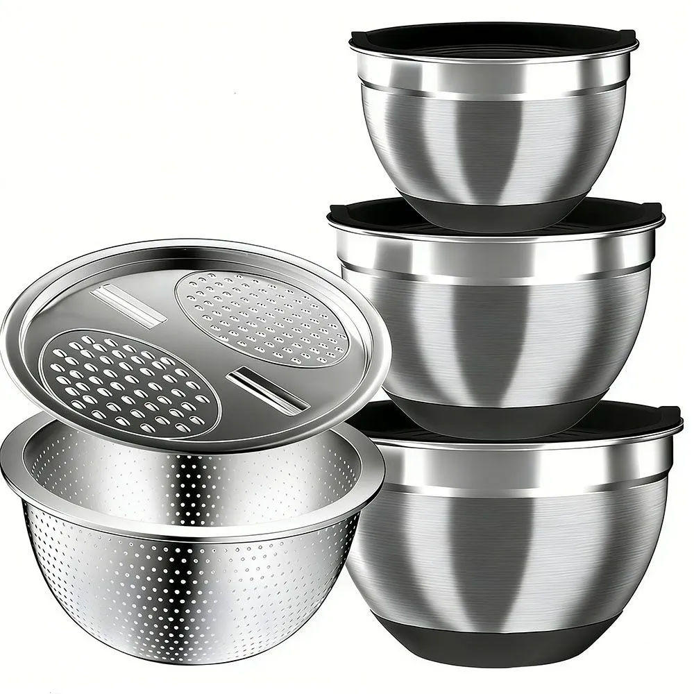 Stainless Steel Mixing Bowl Set with 3 Metal Nesting Bowls,Colander, Grater - Black