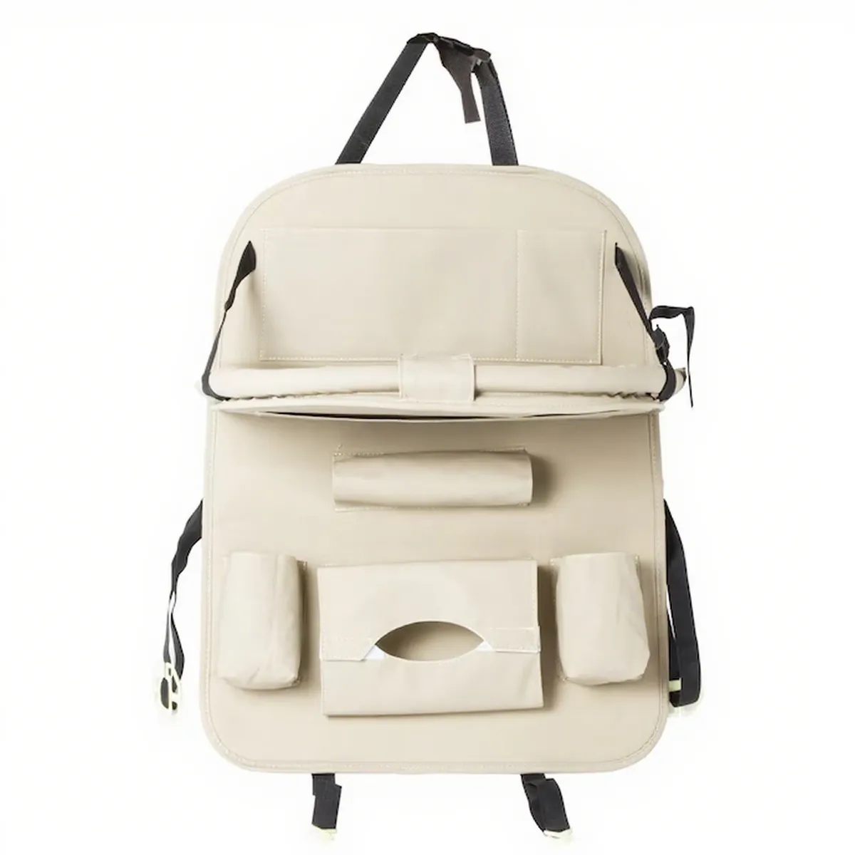 Car Seat Storage Bag with Foldable Tray and Multiple Pockets, 55 x 42 x 3cm - Beige