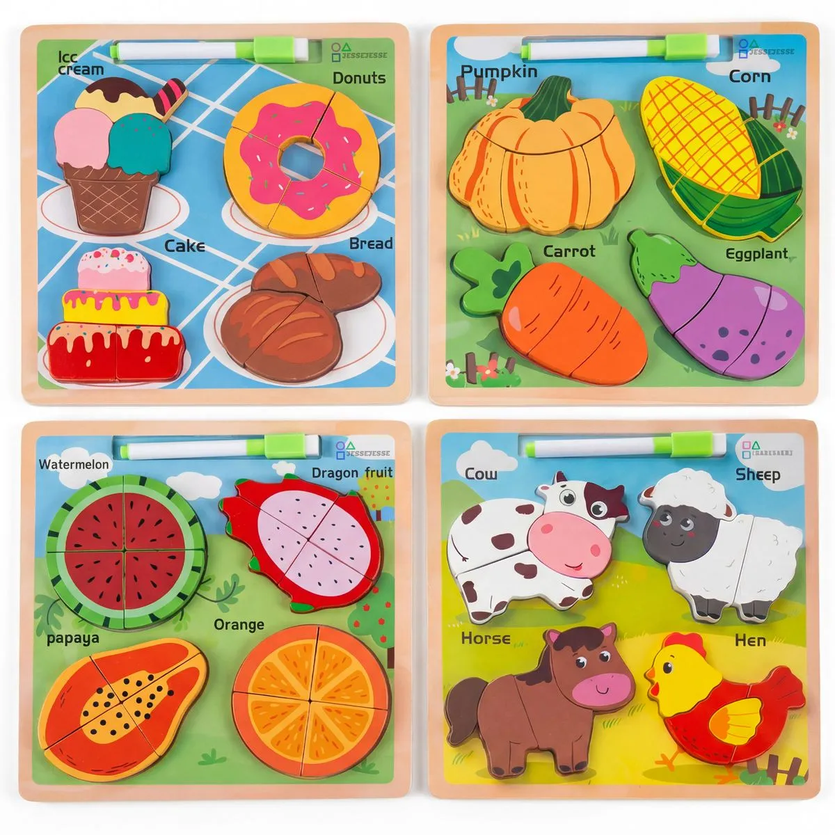 JESSEJESSE Kids Wooden Puzzle Board Set with Whiteboard & Marker 4 Piece