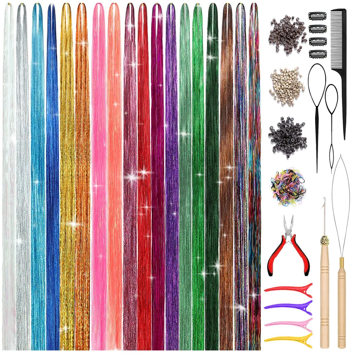 Hair Tinsel Kit 18 Colours, 5000 Strands of Glitter Tinsel Hair Extensions