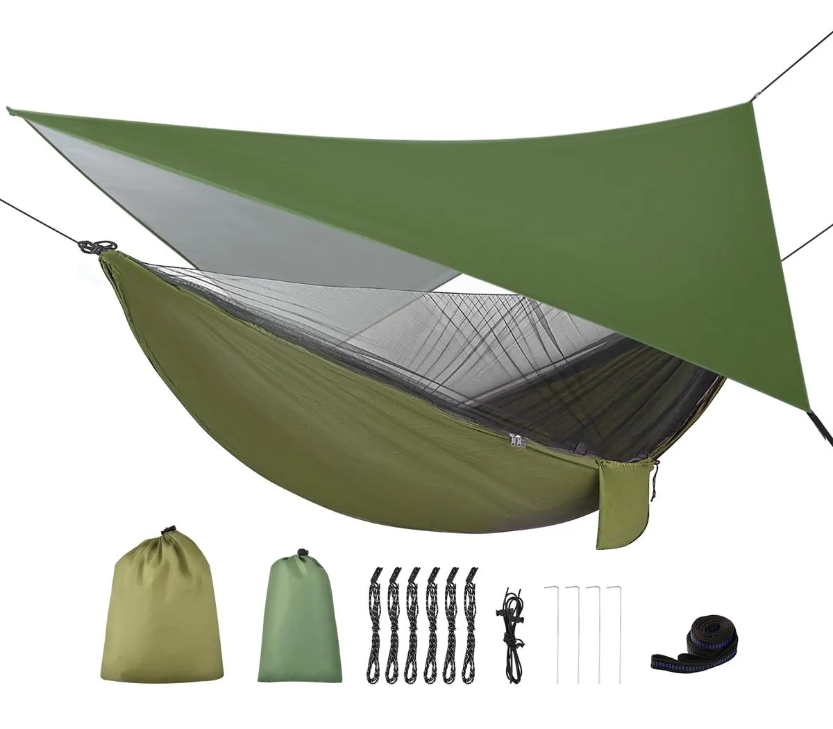 Camping Hammock with Rain Fly, Net, Straps - Portable for SA Outdoors - Green
