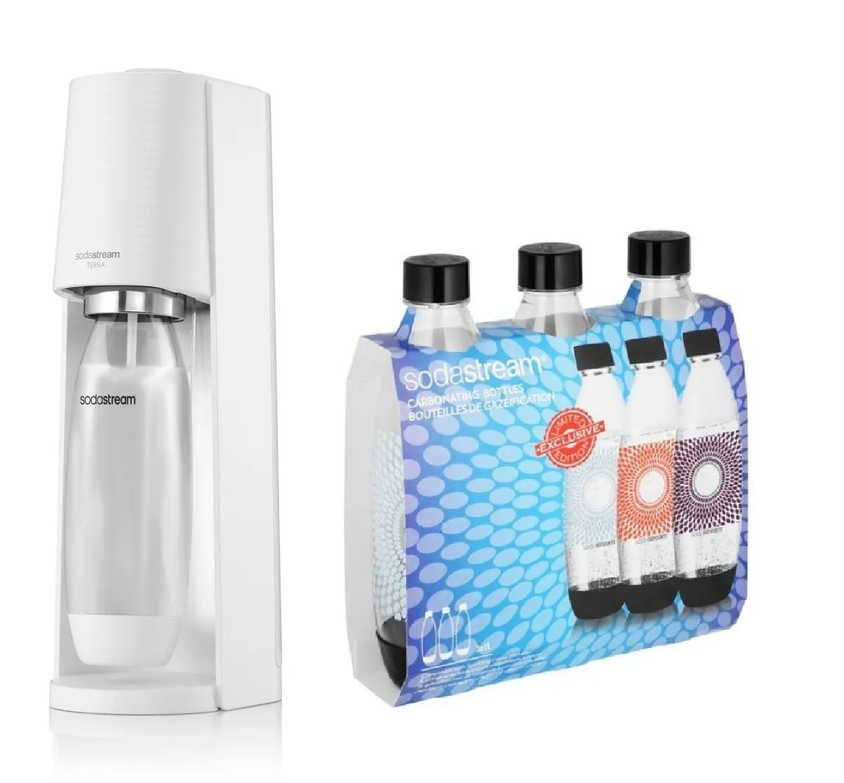 SodaStream Terra White Full Pack + 3 x 1 Litre Fuse Carbonating Bottles