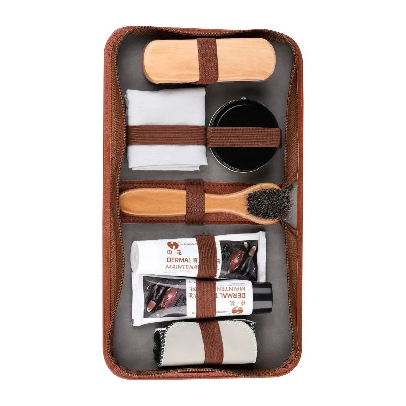 7-Piece Leather Shoe Care Kit with Polish, Brushes & Zipper Case