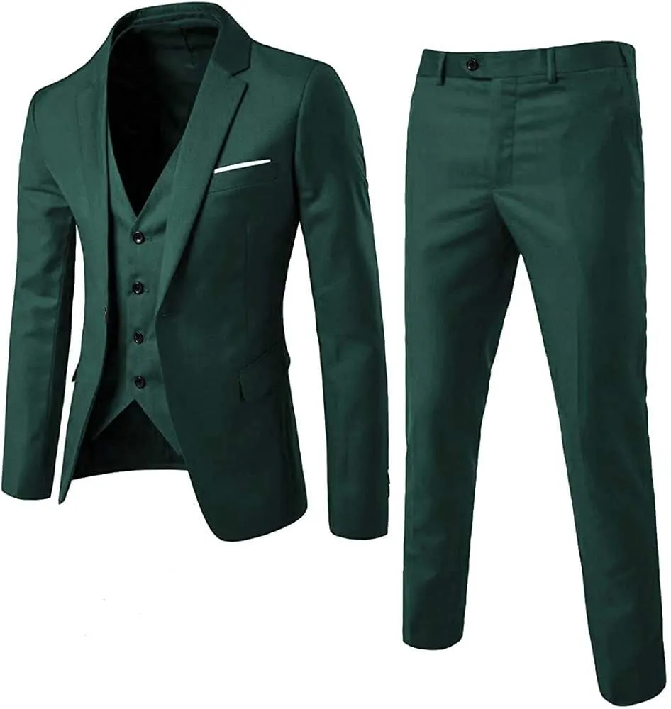 Men's 3 Piece, Notched Lapel, Jacket Vest &Trousers Set - Dark Green