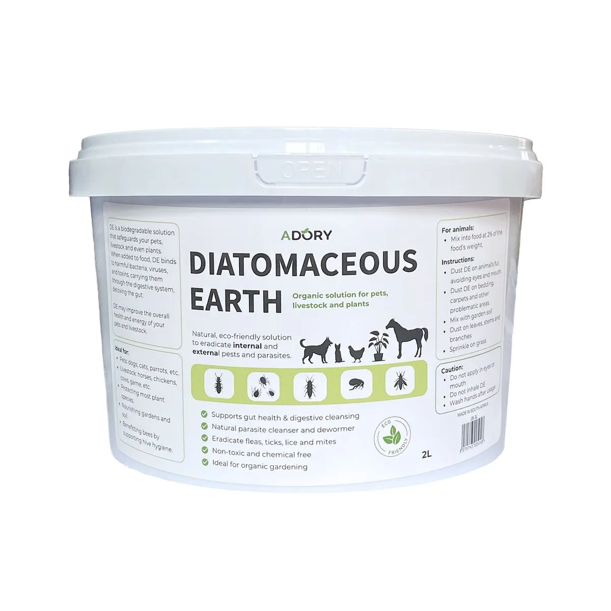 Diatomaceous Earth 2L, Pet Gut health, dewormer, and Garden Pest Control