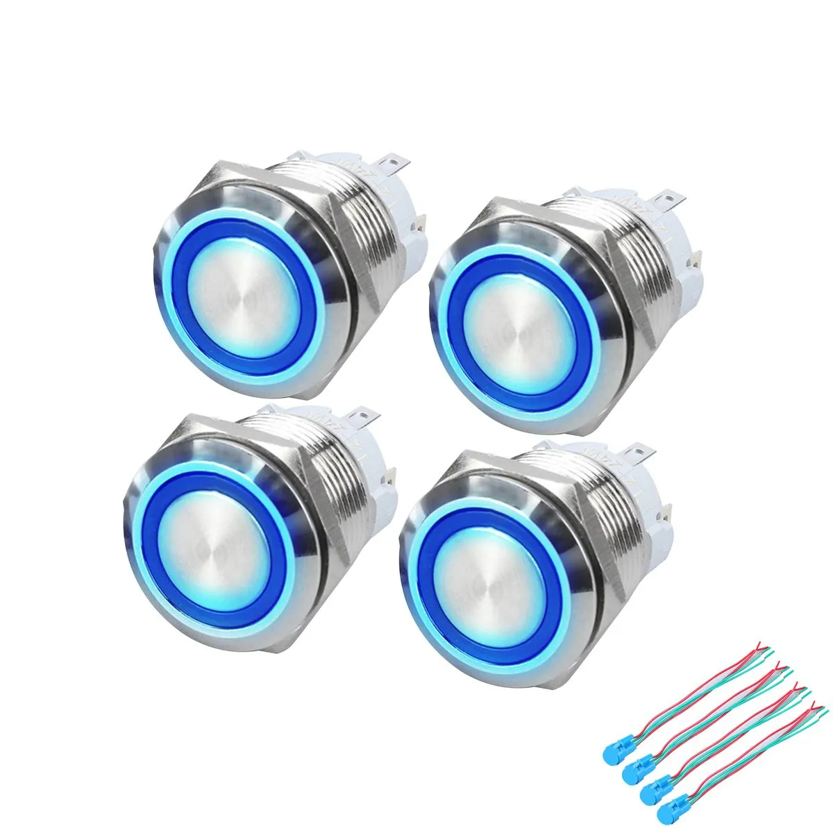 4-Pack 19mm Stainless Steel LED Push Button Switch - Self-Locking Latching - Blue